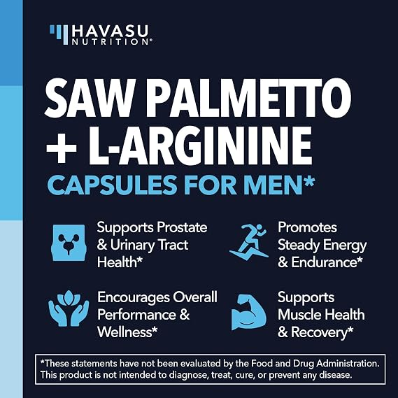 Saw Palmetto and L-Arginine for Men Capsules for Men's Health, 30 Servings | Vegan, Non-GMO Prostate Health Supplements for Men and Nitric Oxide Support, Urinary Tract Function and Endurance Support