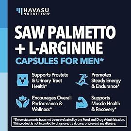 Saw Palmetto 500mg and L-Arginine 500 mg - Prostate Health and Nitric Oxide Supplements for Men - 60 Count - Urinary Function Support and Endurance for Active Males - Vegan, Non-GMO, 1 Month Supply