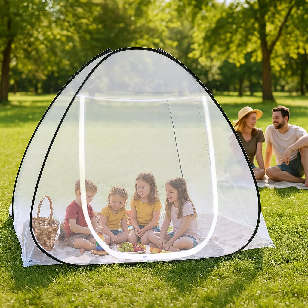 Sekey Pop Up Moskitonetz mit 4 Spanngurte 200 x 180 x 145 cm, Doppelreißverschluss Faltbares Mückennetz, Tragbares Campingzelt mit Tragetasche, Ultraleichtes Doppelbett für Outdoor Reisen, Weiß