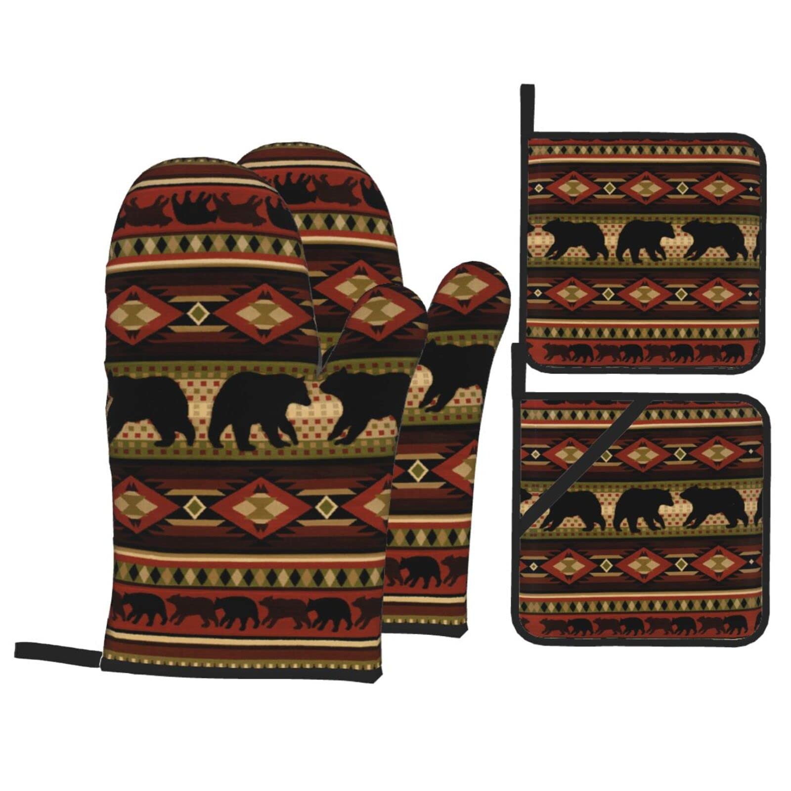Bear Oven Mitt and Pot Holder 4-Piece Set for Kitchen, Outdoor Grill, Baking