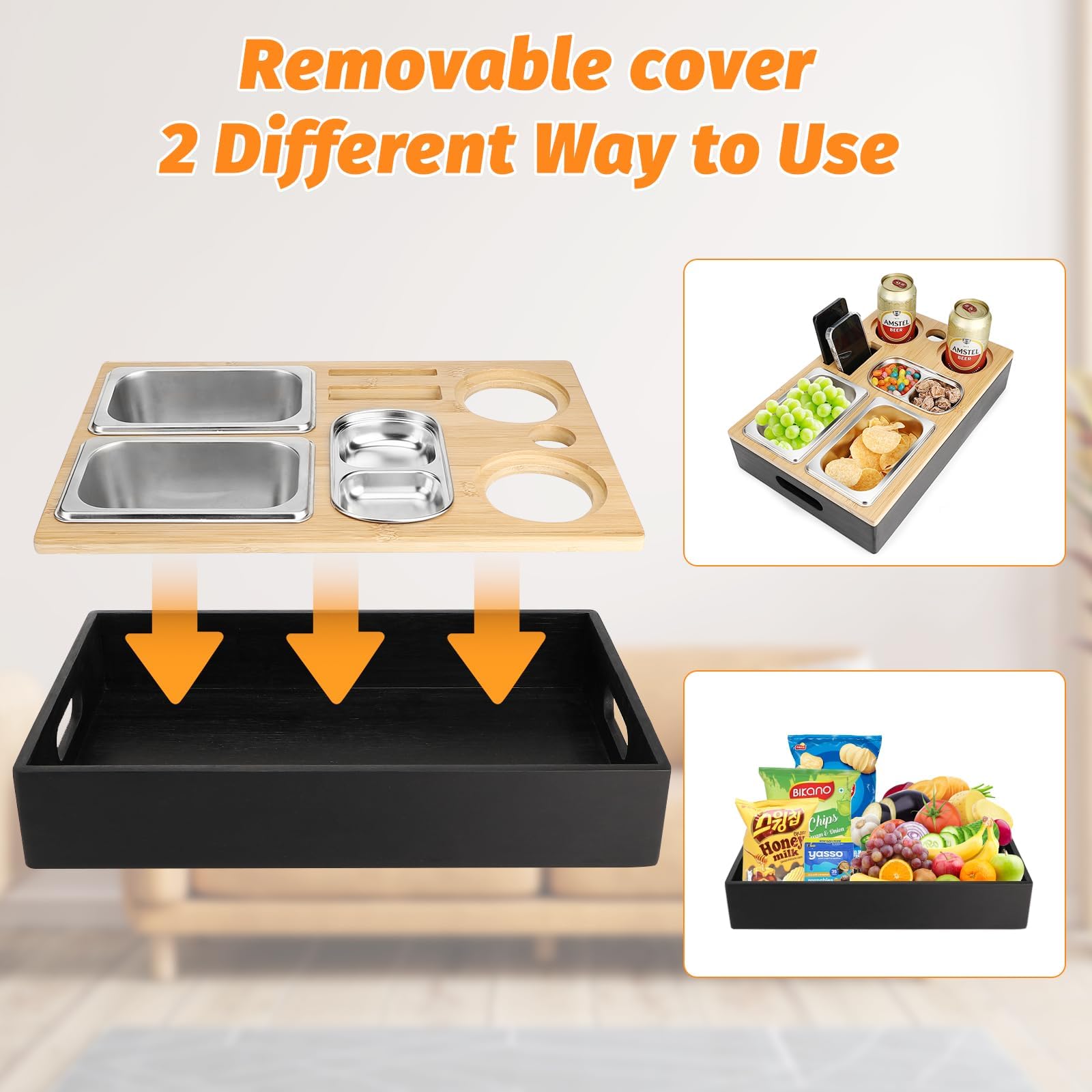Vassoio Divano con Ciotole Acciaio Inox Staccabili & 2 Portabicchieri, Organizer Bamboo per Snack & Bevande, Contenitore Portata Legno per Soggiorno