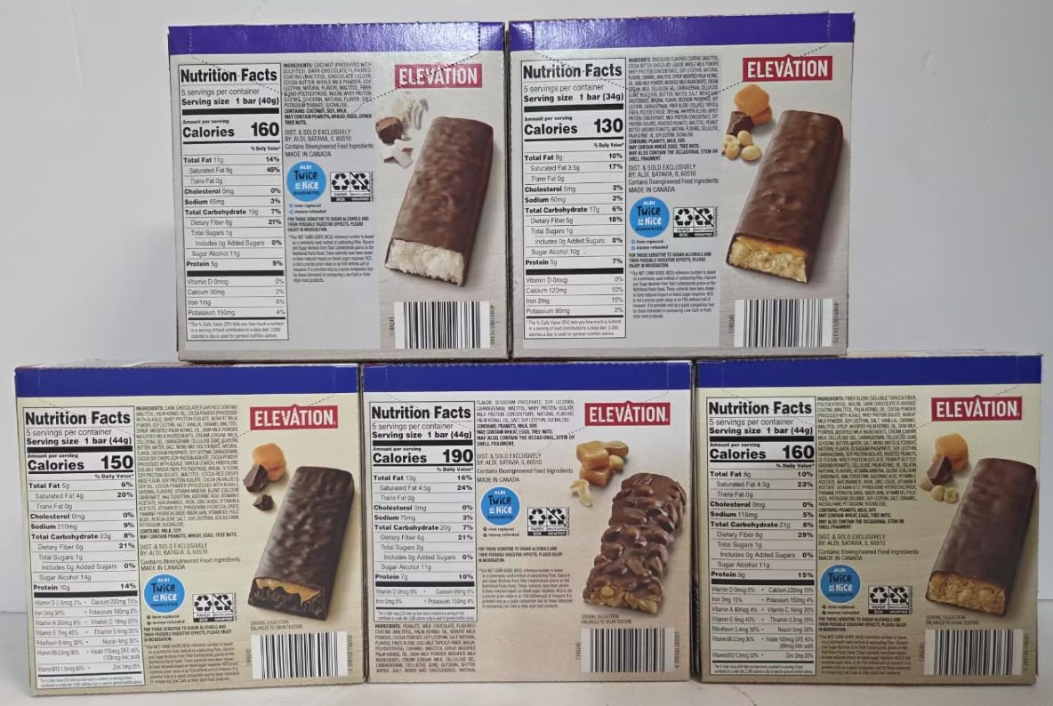 Elevation Endulgent & Snack Advance Bar 5 Flavors Chocolate Coconut, Caramel Nut, Cameral Double Chocolate Crunch, Caramel Chocolate Peanut Nougat, Caramel Chocolate Nut Roll (Five Boxes)