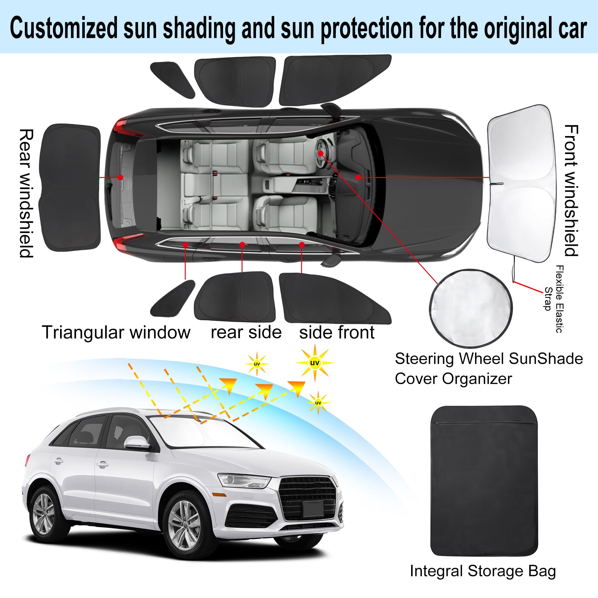 8 parasole per parabrezza su misura per Audi Q3 2013-2018, accessori pieghevoli, per finestrini laterali e posteriori, set completo, protezione della privacy, mantiene l'auto fresca