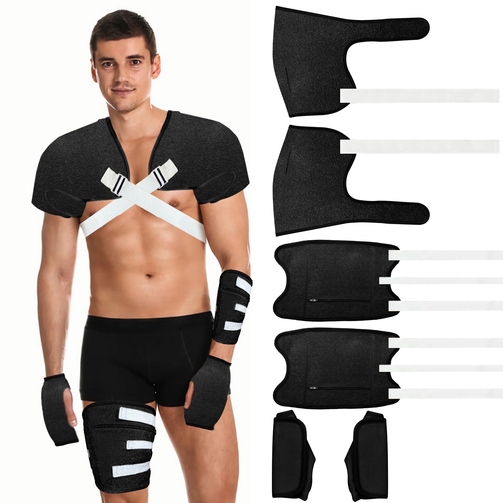 Viowey Castor Oil Pack Wrap for Men Plus Size, 8 PCS Reusable Castor Oil Wraps for Shoulder Knee Hand, Flannel Cotton, Machine Washable (Black)