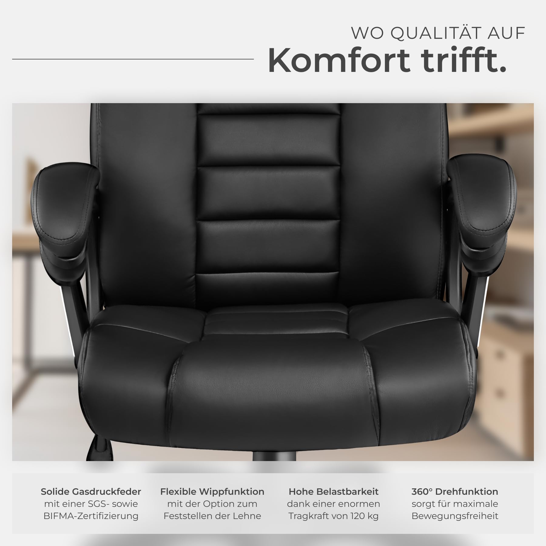 tectake® Bürostuhl, Chefsessel, Drehstuhl mit Rollen, Computerstuhl, höhenverstellbarer Schreibtischstuhl, ergonomischer Bürostuhl aus Kunstleder, Armlehnen & Wippfunktion, 12 cm Polsterung - schwarz