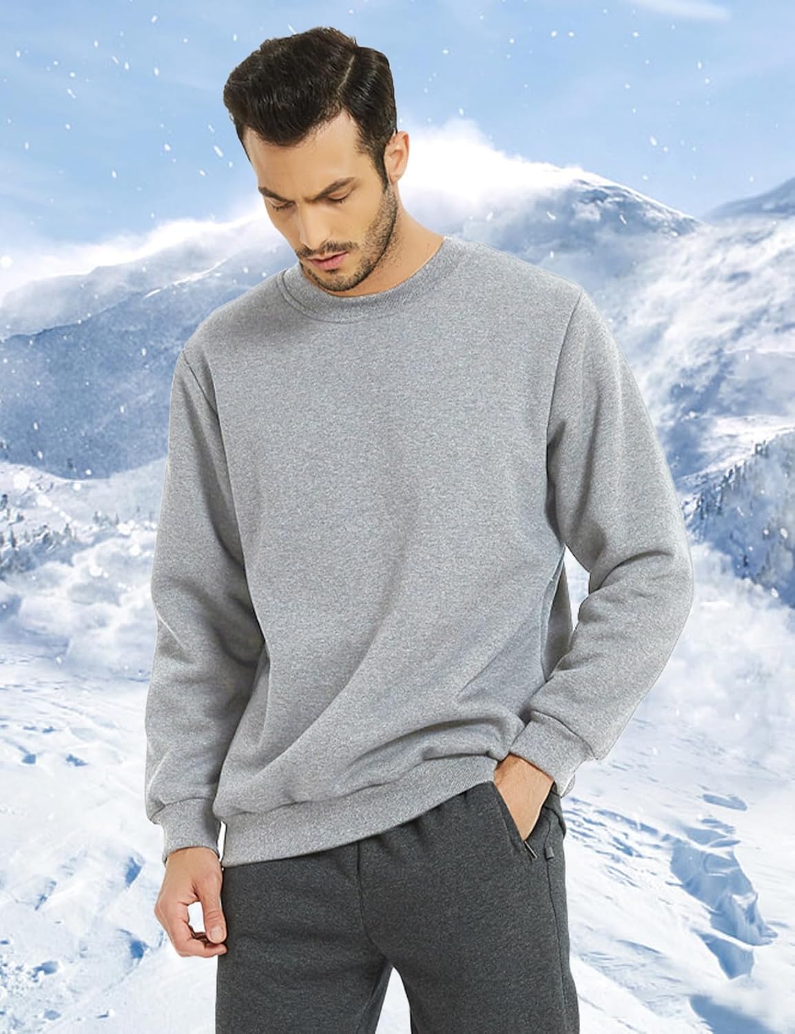 Flygo Men's Winter Warm Sherpa Lined Crewneck Sweatshirt Fleece Pullover Tops - Image 3