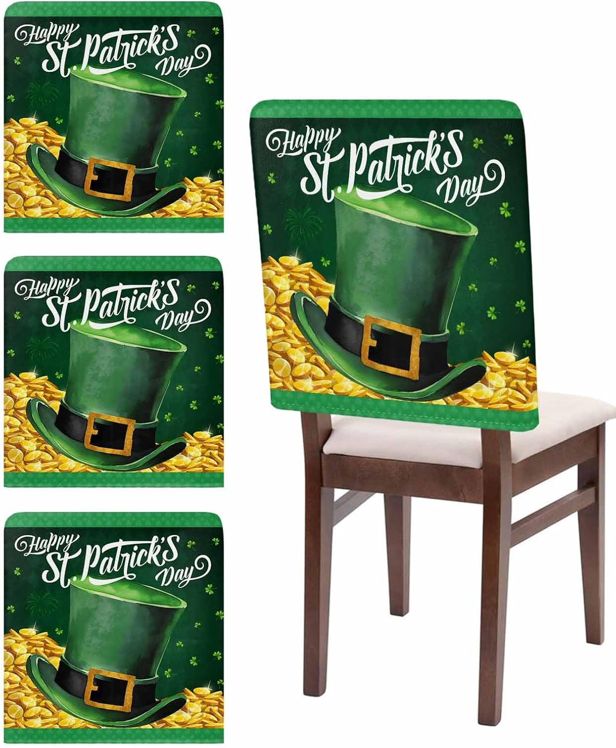 ALAGEO St. Patrick's Chair Covers Set of 4 Gold Coin Chair Slipcover Protector Removable Stretch Chair Covers Green Lucky Clover Chair Back Covers for Dining Room, St. Patrick's Decor, Holiday Party