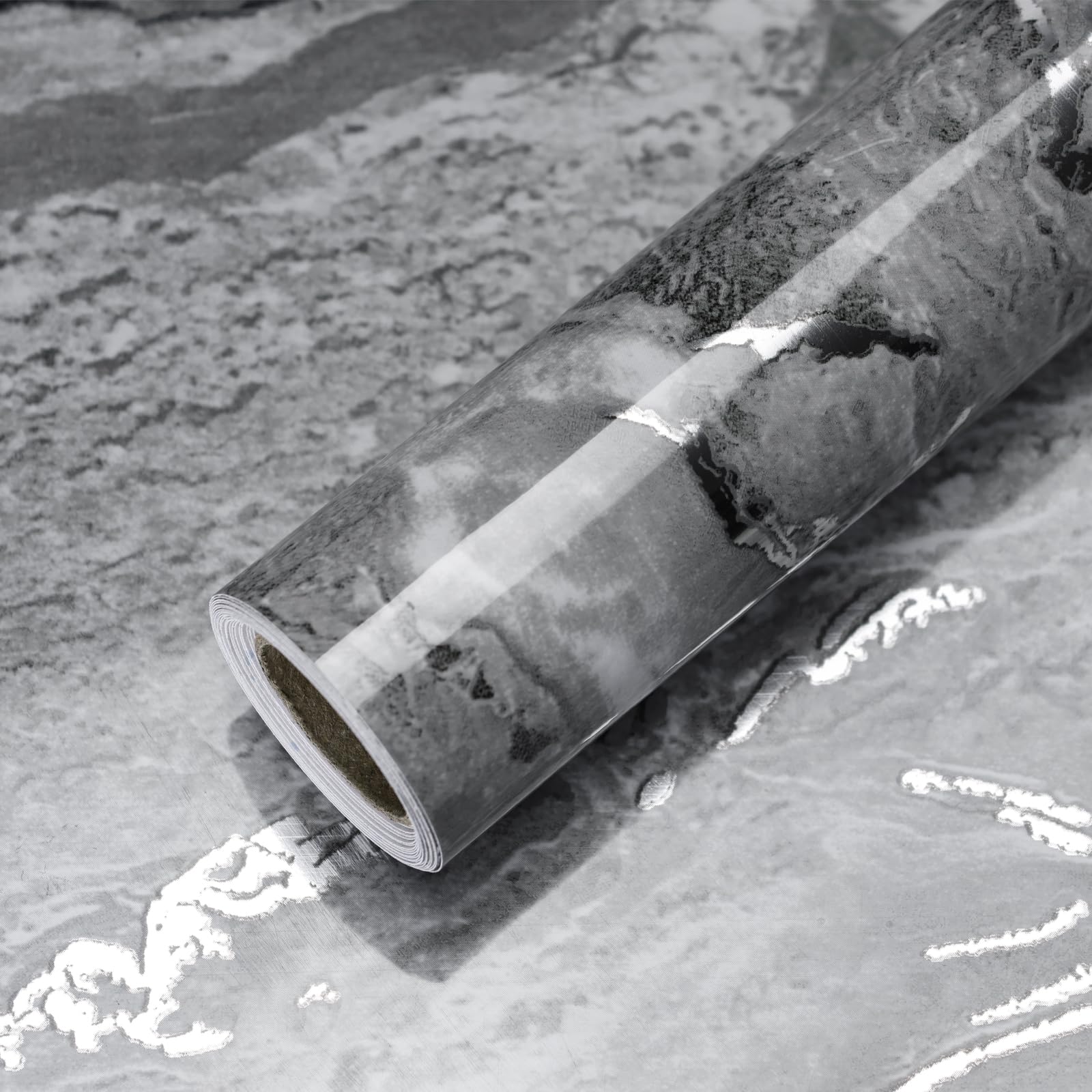 Yun-aeon Thick Marble Contact Paper for Countertops 23.6"x 196.8" - Grey and Silver Glossy Peel and Stick Wallpaper Self-Adhesive Removable