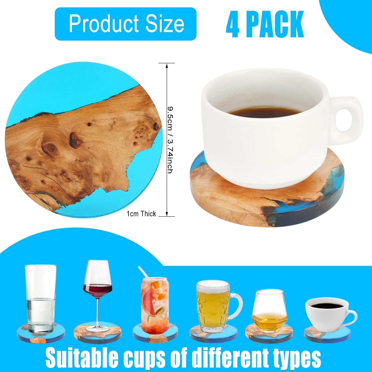 Drink Coaster Set, Wooden Bar Coasters, Resin Coaster for Coffee Table, Tabletop Decorative Artwork, Unique, Handmade & Aesthetically Pleasing for Home, Office, Bar Decor,Coasters Set of 4 - Image 4