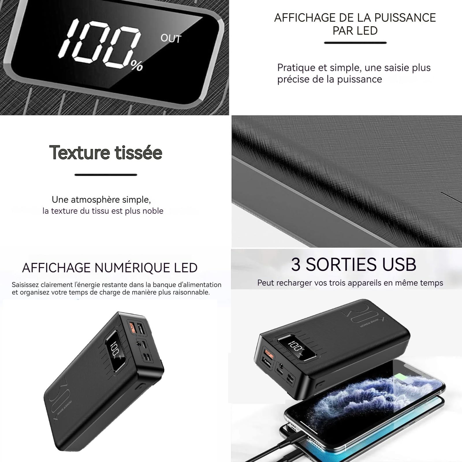 Batterie Externe Puissance de Charge 30000 mAh Super Grande quantité 1000000M Grand écran Affichage numérique Mobile Puissance 80000