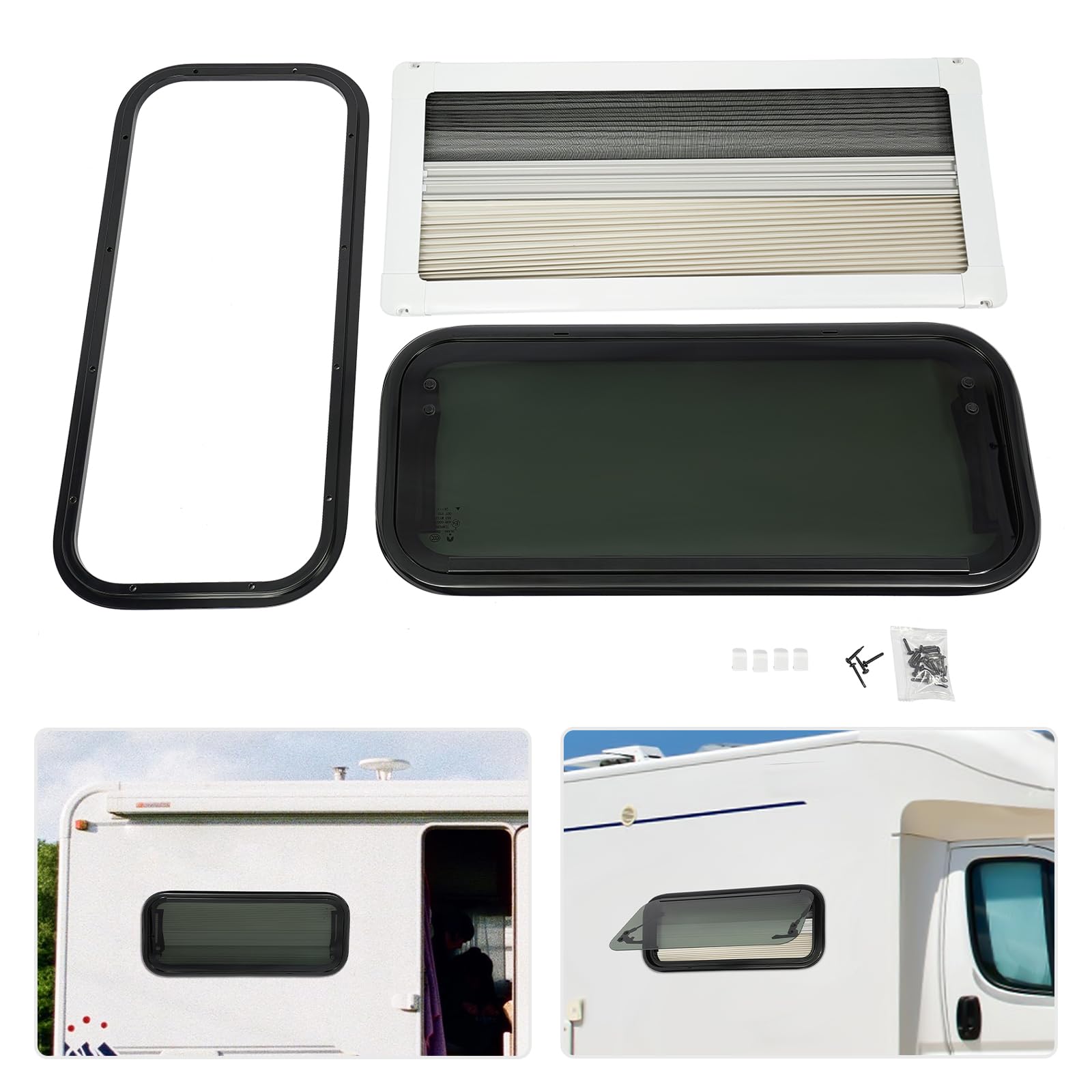 Finestra espositiva RV per camper con zanzariera e oscuramento, angolo di apertura regolabile 0-85° Finestra esterna push RV per camper, roulotte e furgoni (700x300mm)