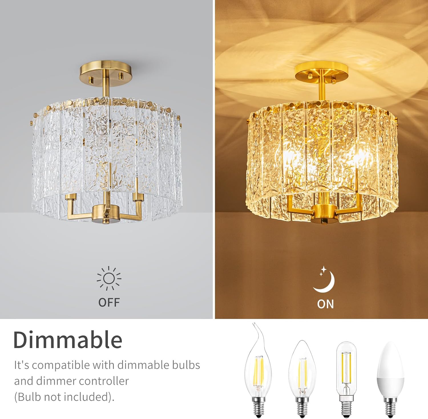 3-Light Modern Ceiling Light for Living Room, Bedroom, Foyer, Kitchen, Close to Ceiling Semi-Flushmount Light Fixture, D12.6 x H14.6, Handmade Glass Shade & Gold Finish Frame