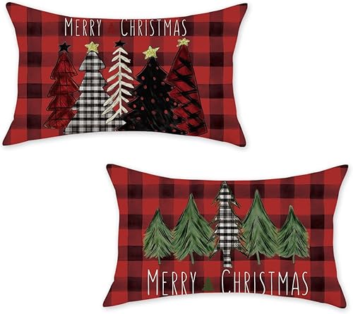Miniatura 1 de ONWAY Juego de 2 fundas de almohada navideñas de 12 x 20 pulgadas, diseño de árboles rojos, negros, verdes, rojos, búfalos, a cuadros, decorativas,