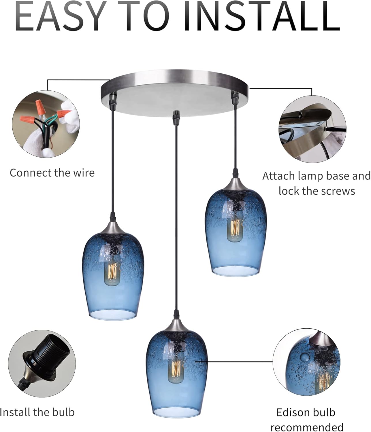 ARIAMOTION Pendant Light Fixtures Ceiling Hanging Glass Pendant Lighting for Kitchen Island Modern Blue Bubbles Teardrop Chandelier Over Dinning Room Table Bathroom 3 Lights 7 Inch H 5.5Inch Diam - - 