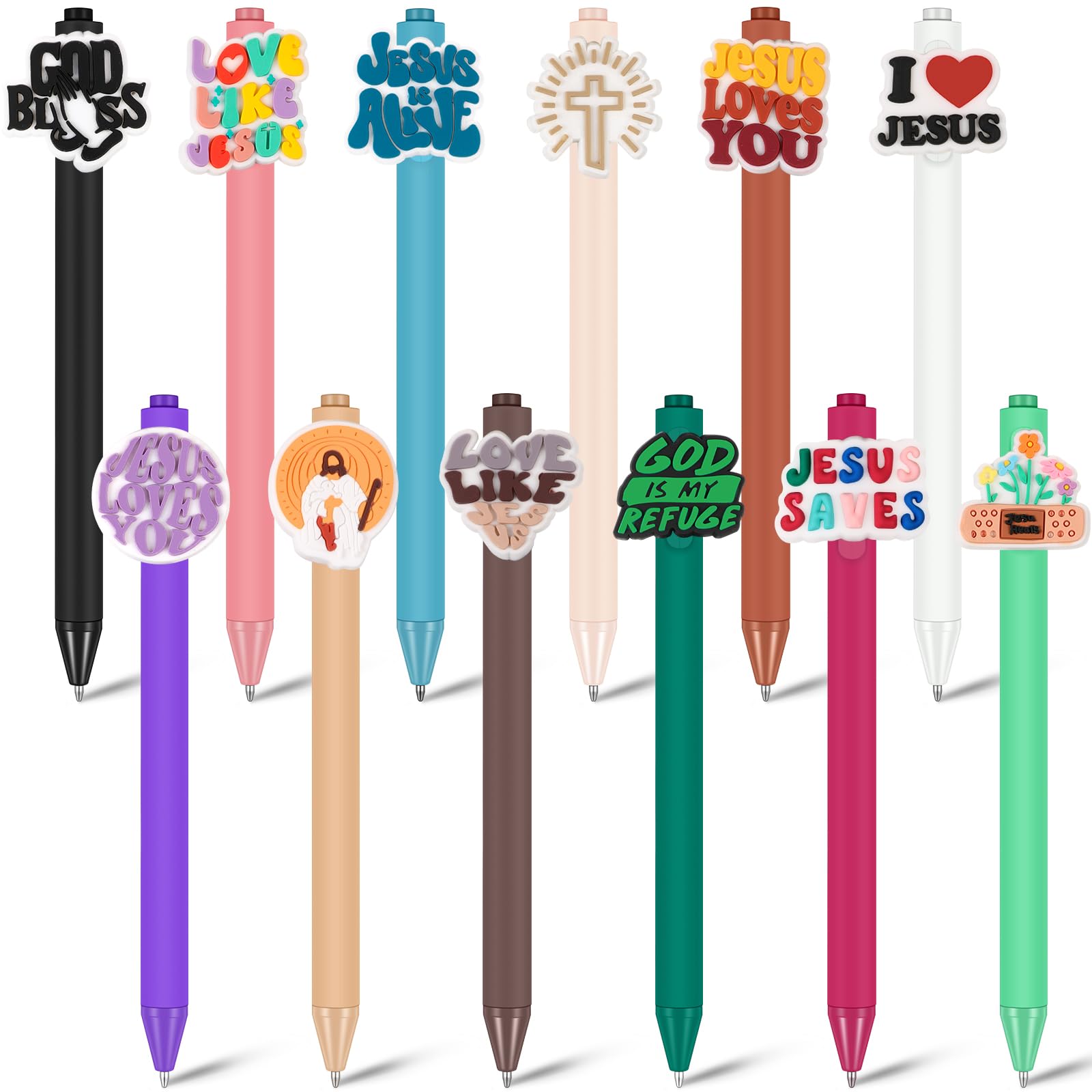 Engrowtic 12 Pcs Funny Pens Set Cartoon Retractable Writing Pens Bulk Black Ink Gifts for Women Office Party Favors(Classic Color,Christian)