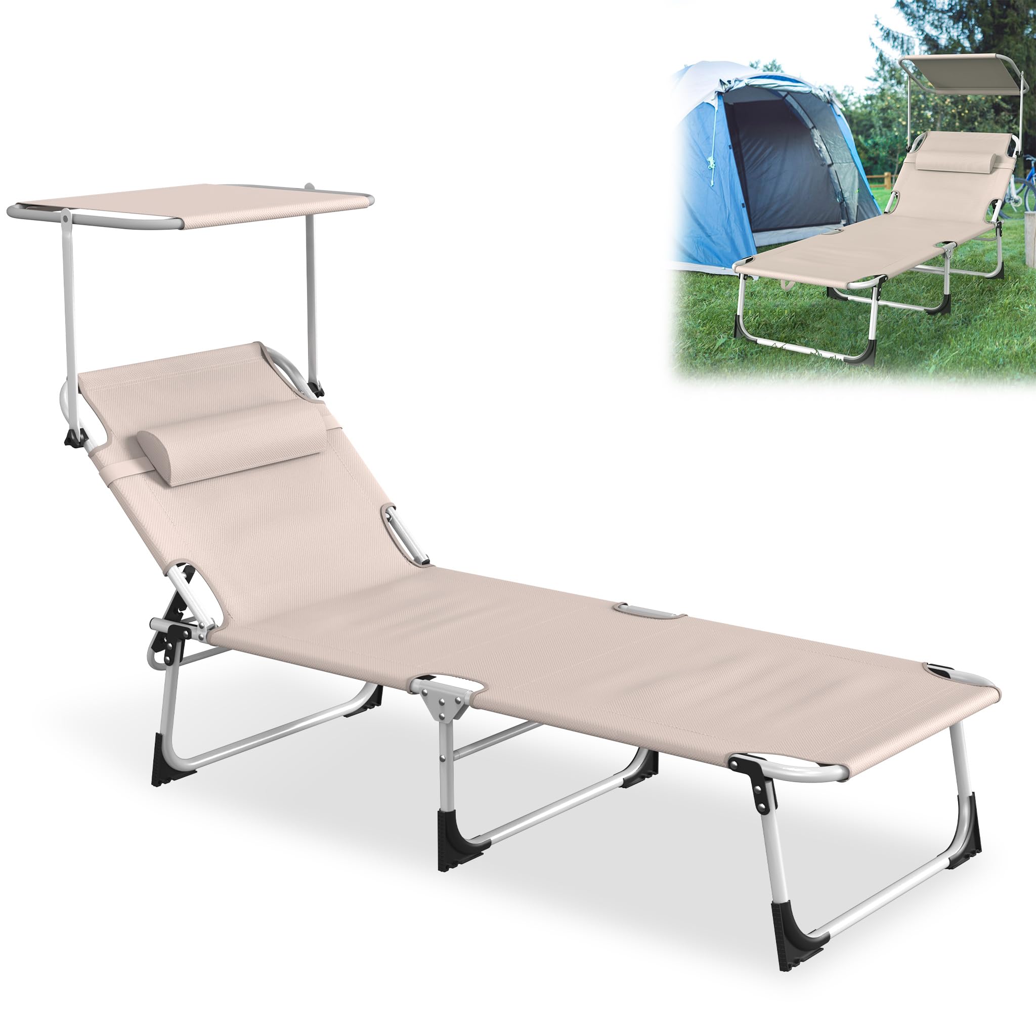 YRHome Leżak ogrodowy z dachem, leżak ogrodowy z poduszką pod głowę, składane oparcie, ochrona przed słońcem do 100 kg, na plażę, kemping, balkon, taras, khaki