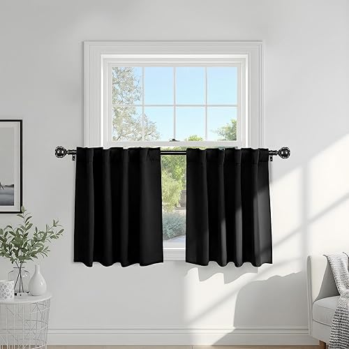 PONY DANCE Cortinas cortas negras para ventana de baño, medias cortinas para ventana de cocina, niveles de cortina con aislamiento térmico para