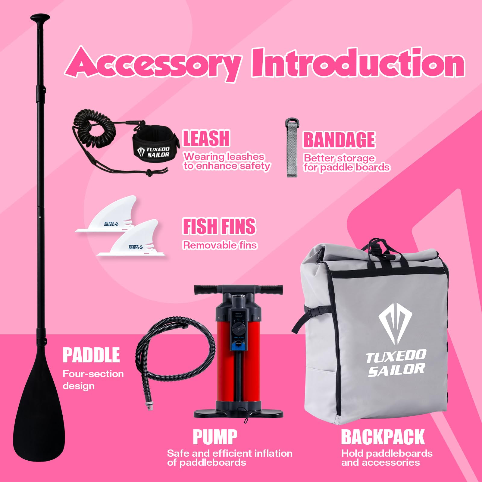 Tuxedo Sailor Tabla de remo inflable plegable para todos los niveles de habilidad, incluye tablas de remo, remo, aletas, mochila, color rosa