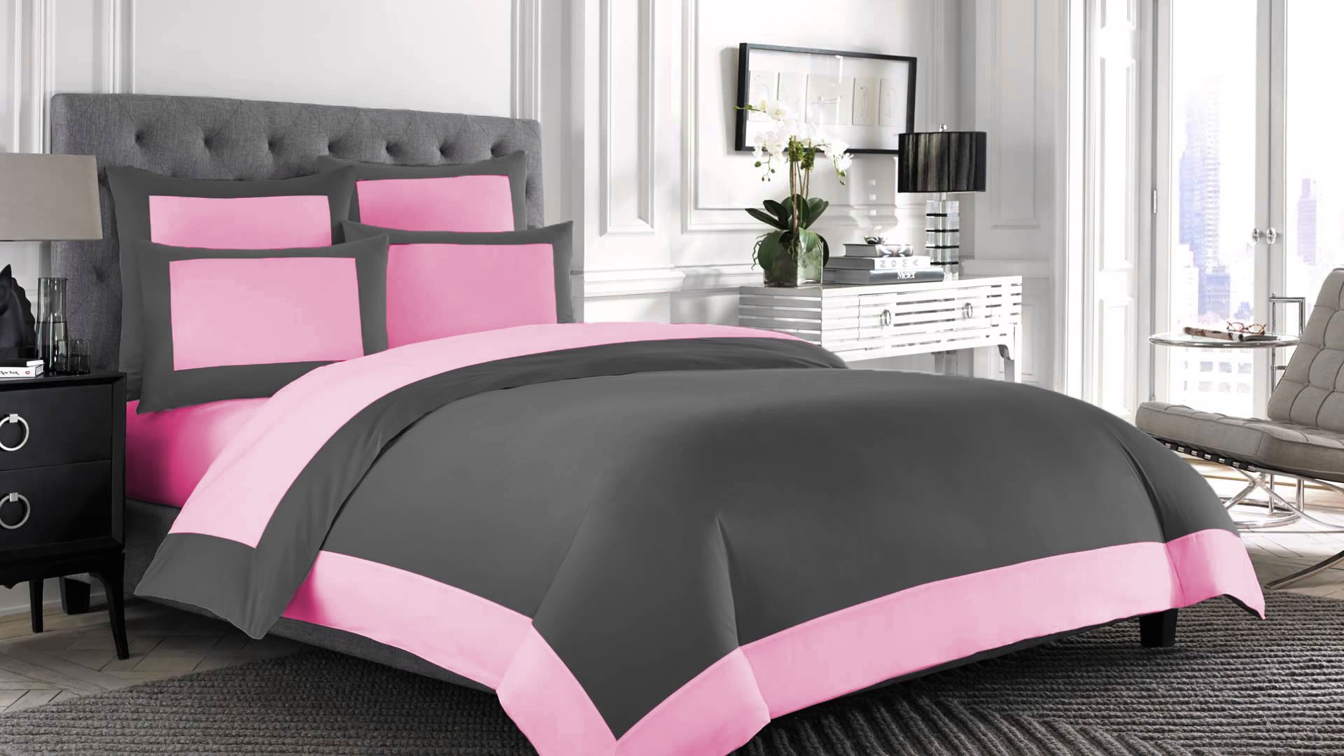 Housse de couette réversible King en coton égyptien 600 fils gris et rose