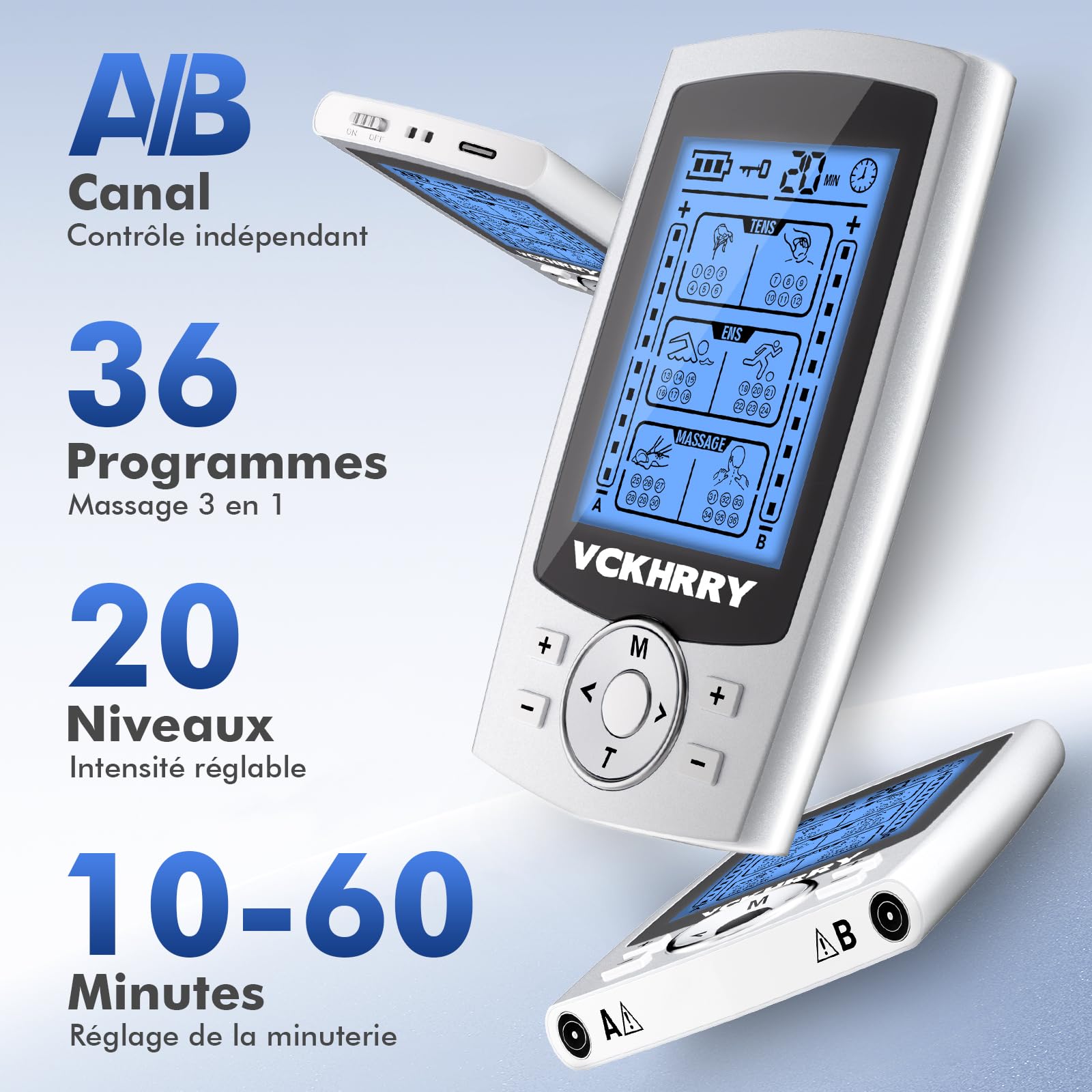 Électrostimulateur Musculaire 3 en 1 TENS EMS, Massage Relaxant | Entraînement Musculaire, 36 Programmes 2 Canaux Indépendants, Réutilisable 10 Électrodes, Facile à Emporter