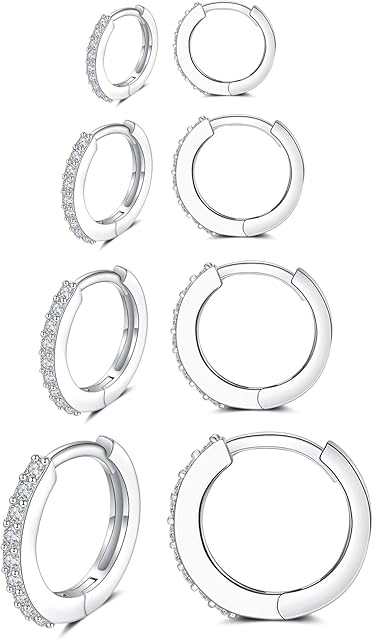 Silver Earrings for Women, S925 Sterling Silver Tiny Hoop Earrings | Small Helix Tragus Cartilage Earrings, Cubic Zirconia Cuff Huggie Hoops Mini Piercing Jewelry for Girls Men Teen (6/8/10mm)