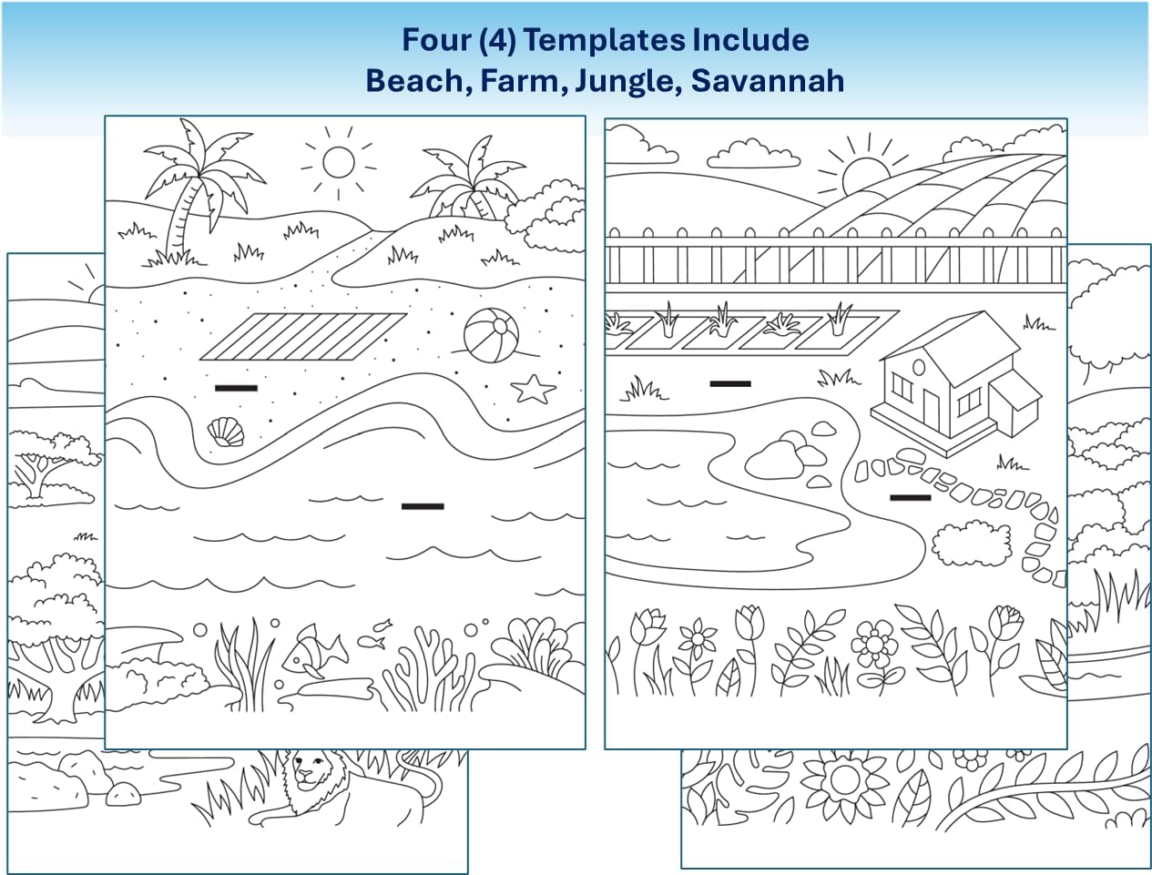 Four different scene templates: Beach, Farm, Jungle, and Savannah, ready for coloring.