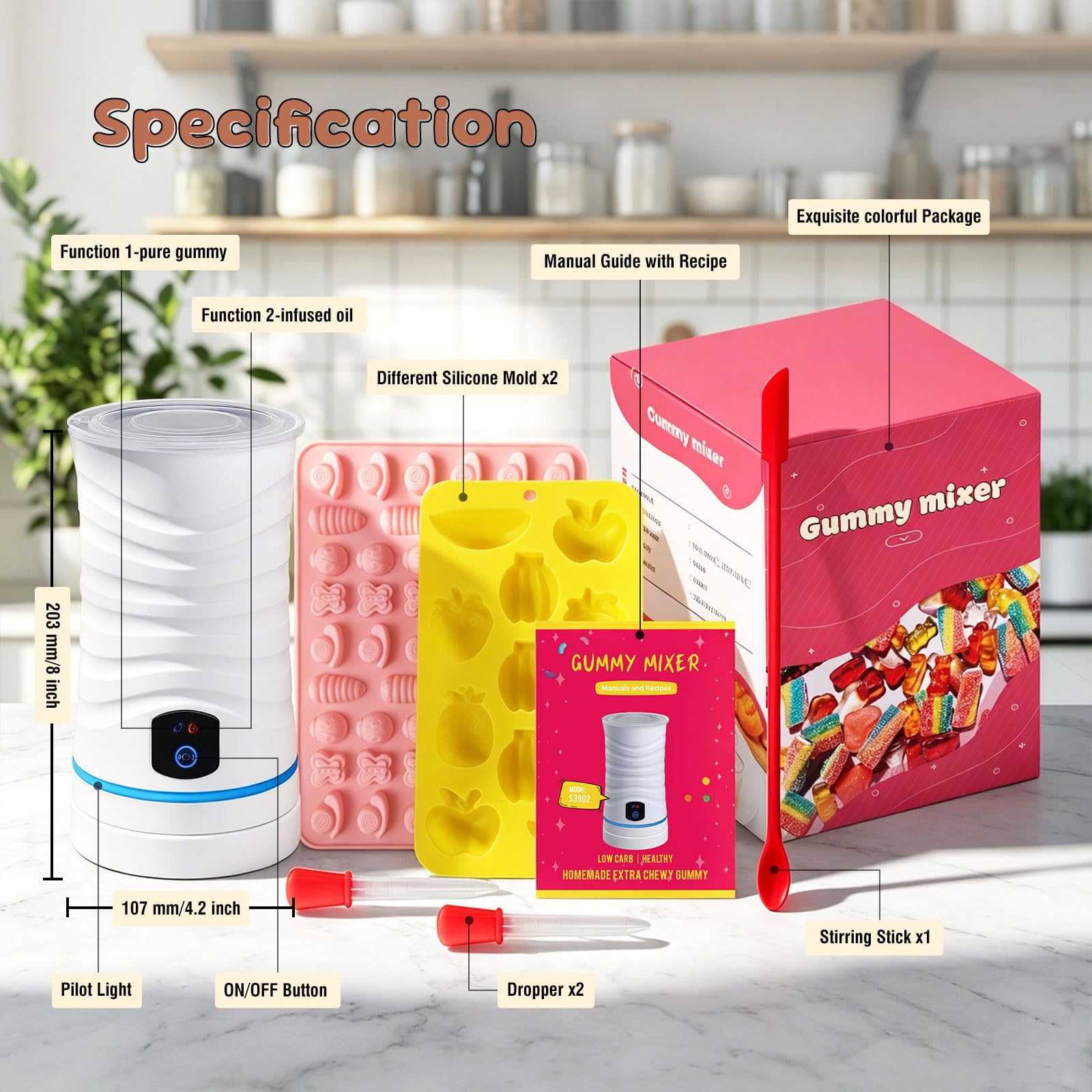 Macchina per creare caramelle gommose, kit facile da usare per preparare caramelle con miscelatore, con 2 stampi in silicone, 2 contagocce, 1 bastoncino di miscelazione, caramelle gommose