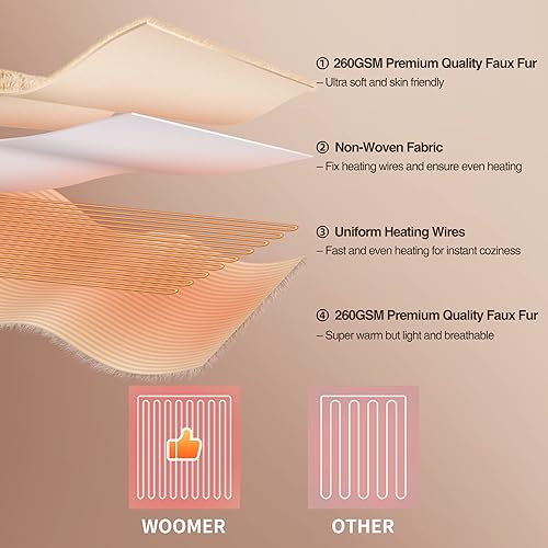 Miniatura 7 de WOOMER Manta térmica de tamaño Queen de 84 x 90 pulgadas, calentamiento rápido de piel sintética, 10 niveles de calefacción y apagado automático de