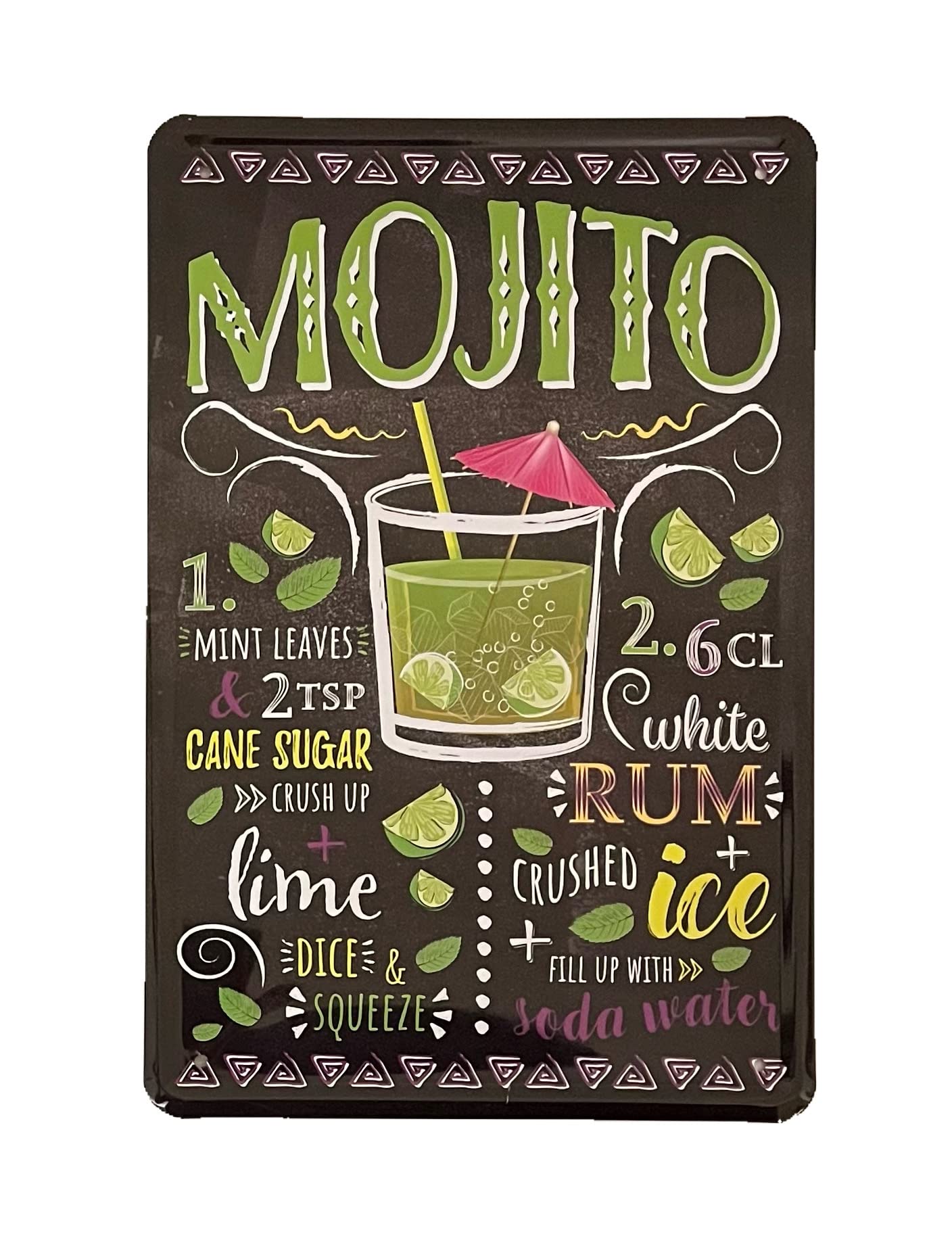 Metal Tin Sign - Mojito Cocktail Recipe - Wall Plaque Retro Vintage 30X20 Cm Decorative Sign - For Bar Pub Dining Room Kitchen Bedroom Office Garage - Funny Stylish Gift