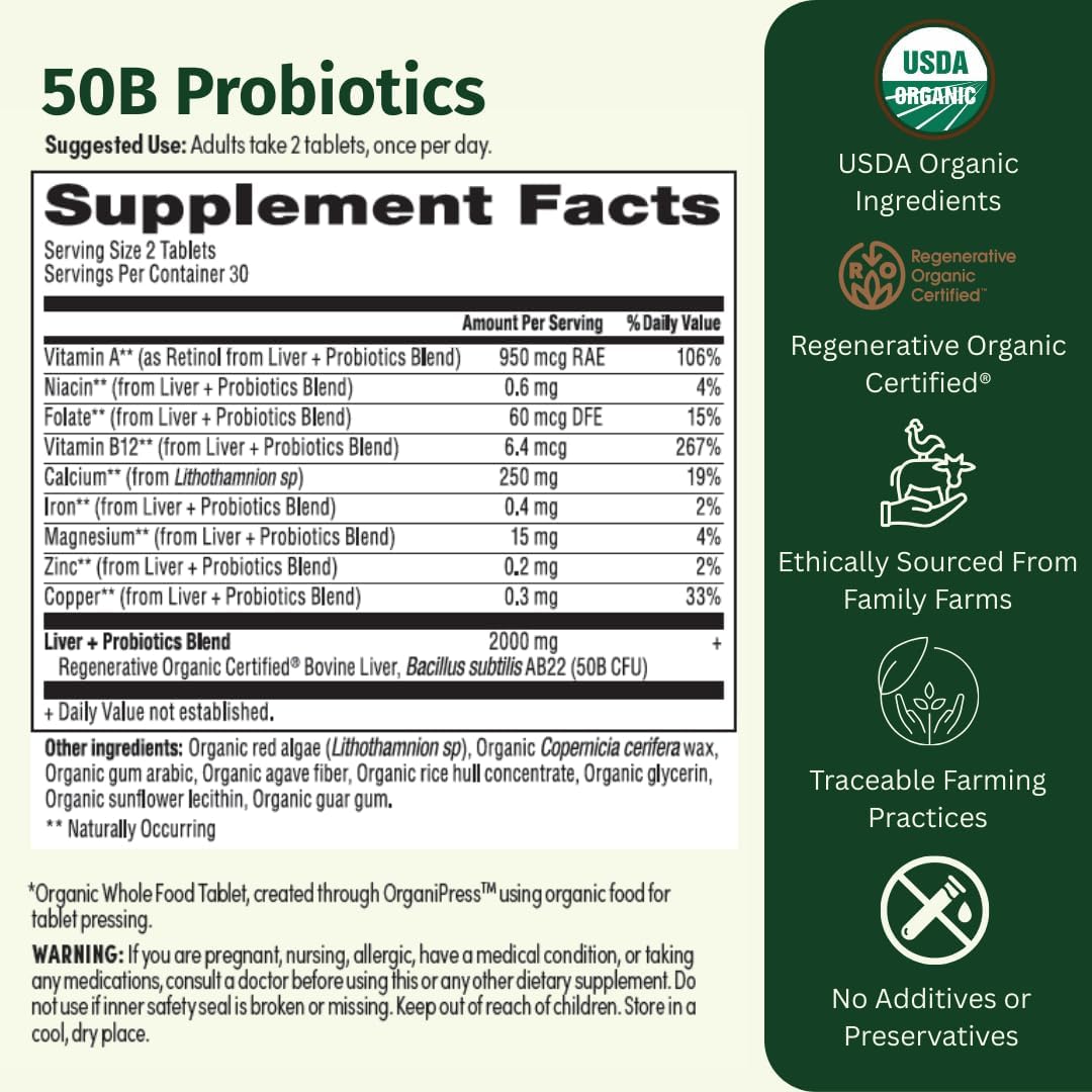 Probiotic 50B CFU with Beef Liver – Regenerative Organic Certified Daily Gut Health Supplement – Supports Digestion, Immune & Emotional Wellness – 60 Tablets - Image 2