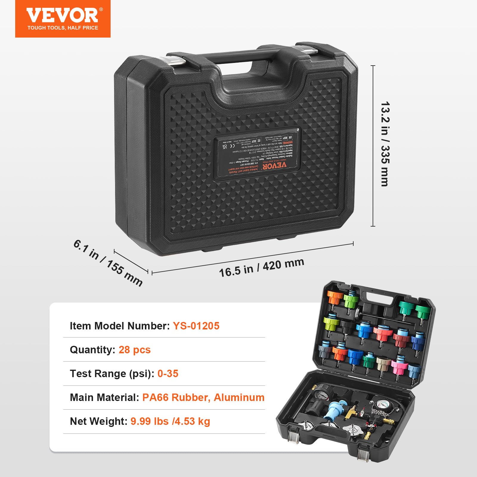 VEVOR 28PCS Kit Testeur de Pression et de Rechange du Liquide de Refroidissement Radiateur Universel Pompe Manuelle Adaptateurs Capuchons Test à Code Couleur Boîte à Outils pour Voitures Motos Camions