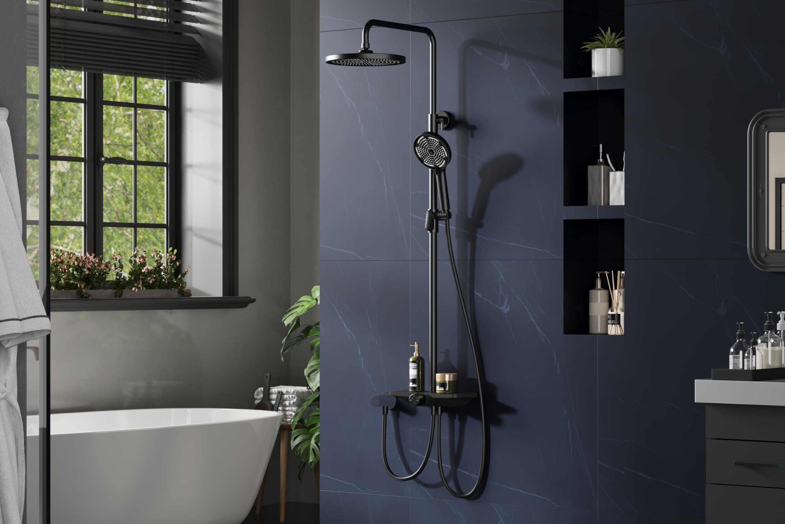 Zstar Modernes Duschsystem Komplettset ohne Armatur – Höhenverstellbare Edelstahlduschsäule mit 25 cm runder Regendusche – Handbrause mit 3 Strahlarten – Mit Ablage – Für modernes Bad