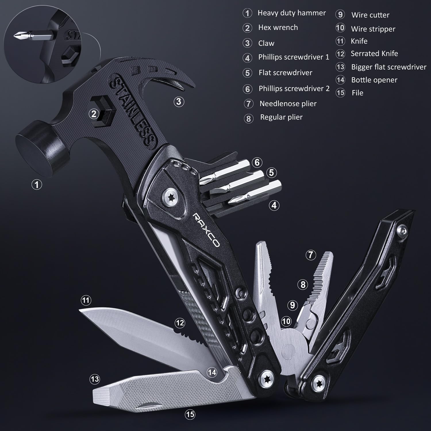 Multitool Hammer 15 in 1 Mini Hammer multitool with Pliers Claw Hammer Multi Tool with Screwdrivers, Multitool Pocket Clip, New Year & Birthday & Father Day Gift (Black)