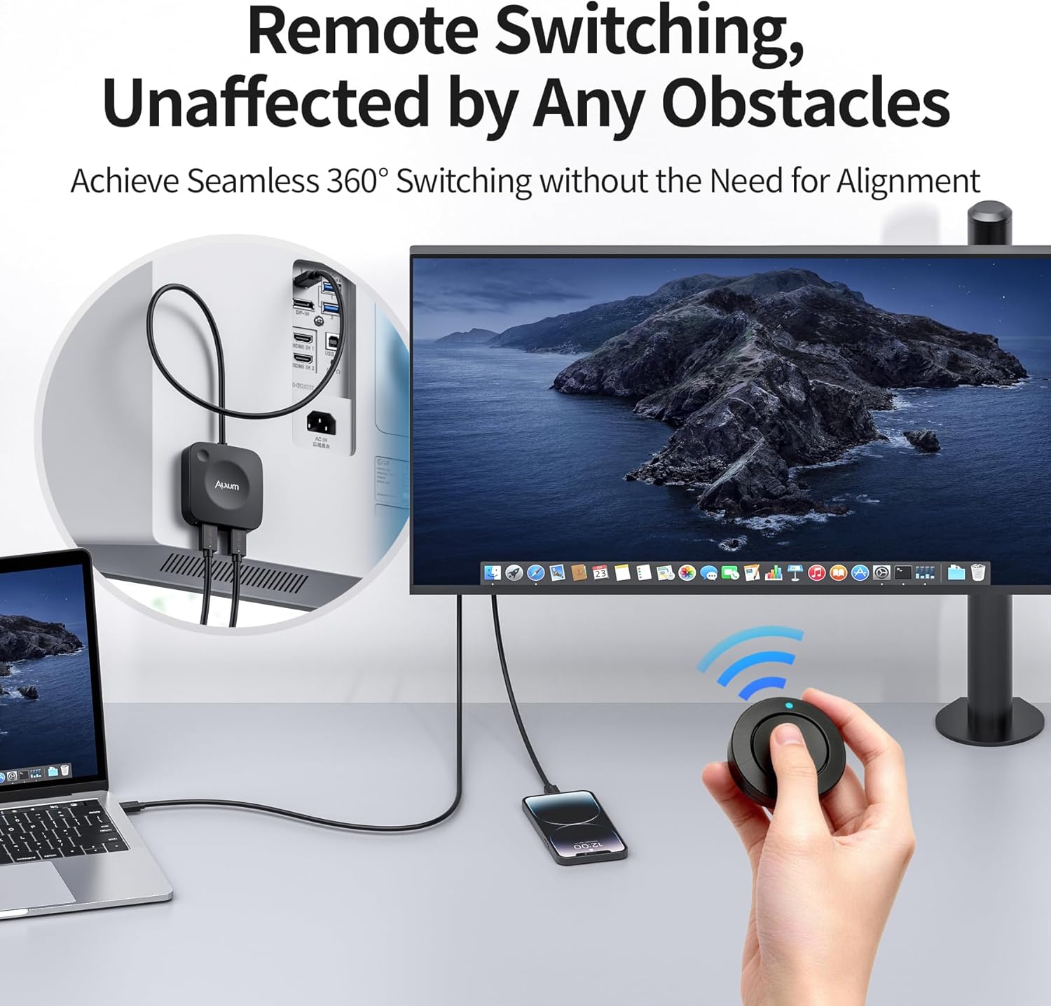 Alxum 20Gbps USB C Switch 2 Computers, USB-C Switcher for USB-C/Thunderbolt 4 Monitor or Dock, 8K@30Hz/4K@144Hz Display, PD 3.1 140W Charging, USB-C Switch with Remote, Gaming Laptops Tablets Phones