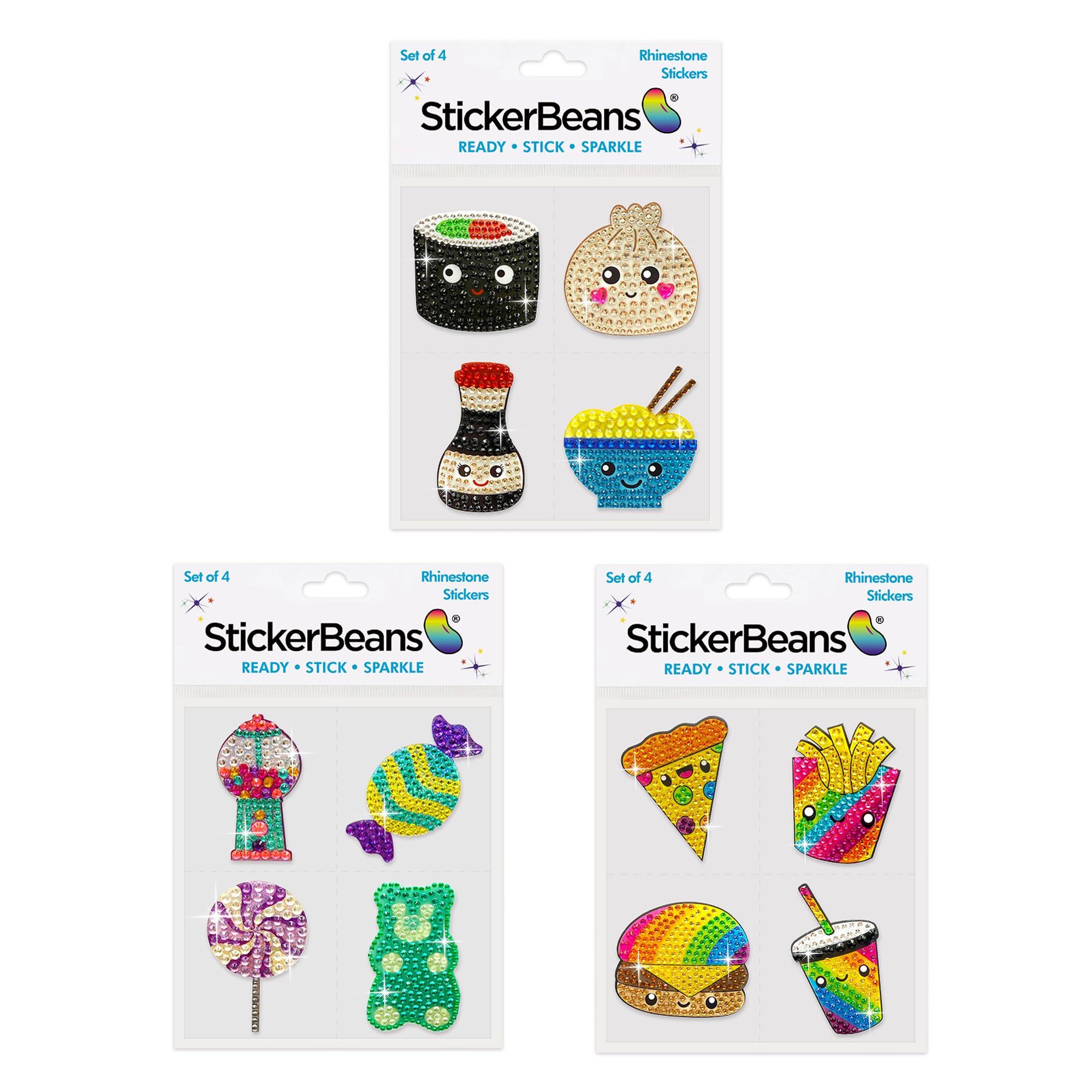 StickerBeans® Rhinestone Stickers - I'm Hungry! Bundle - Food Themed 2” x 2” Each Unique Sparkly Cut-to-Shape for Collecting, Trading, Decorating