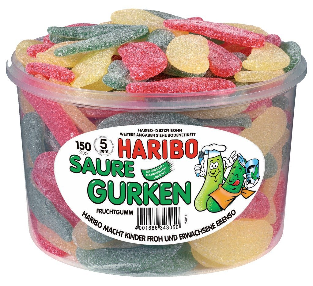 HARIBO - Saure Gurken - Weingummi/Fruchtgummi - 1,35 kg, Box mit 150 Stück