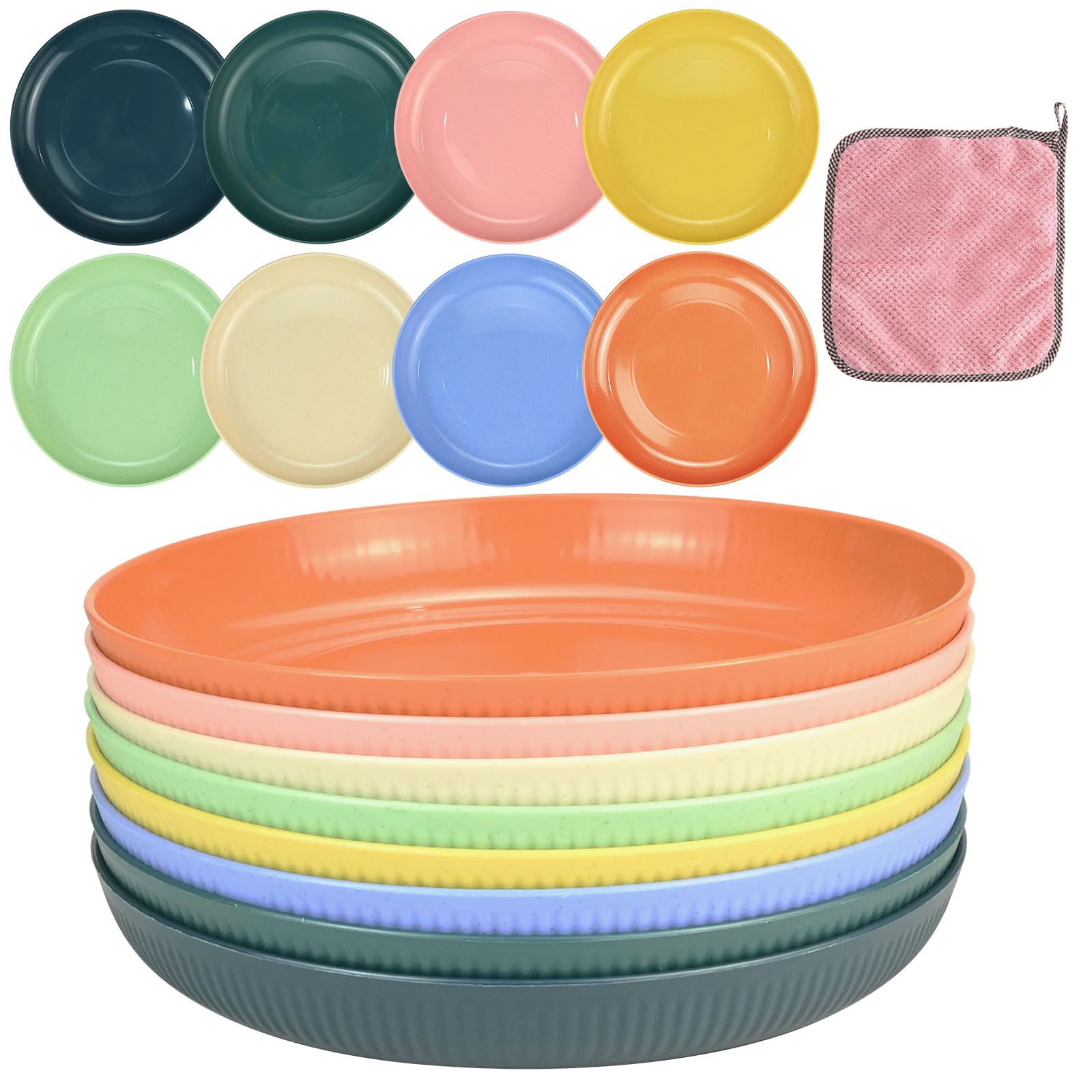 8 Pcs Unbreakable Dinner Plates Set, 9 Inches Reusable Plastic Dinner Plates with Cleaning Cloth, 8 Colors Aldult Plates, Microwave and Dishwasher Safe for Salad, Pasta, Party, Home and Office,Gift