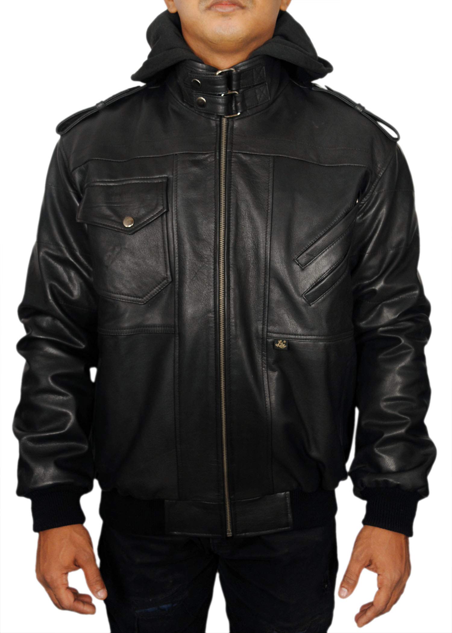 FasigoReal Lambskin Leather Jackets For Men's with Removable Hood Vintage And Stylish Motorcycle Biker Jacket (Large, Black)