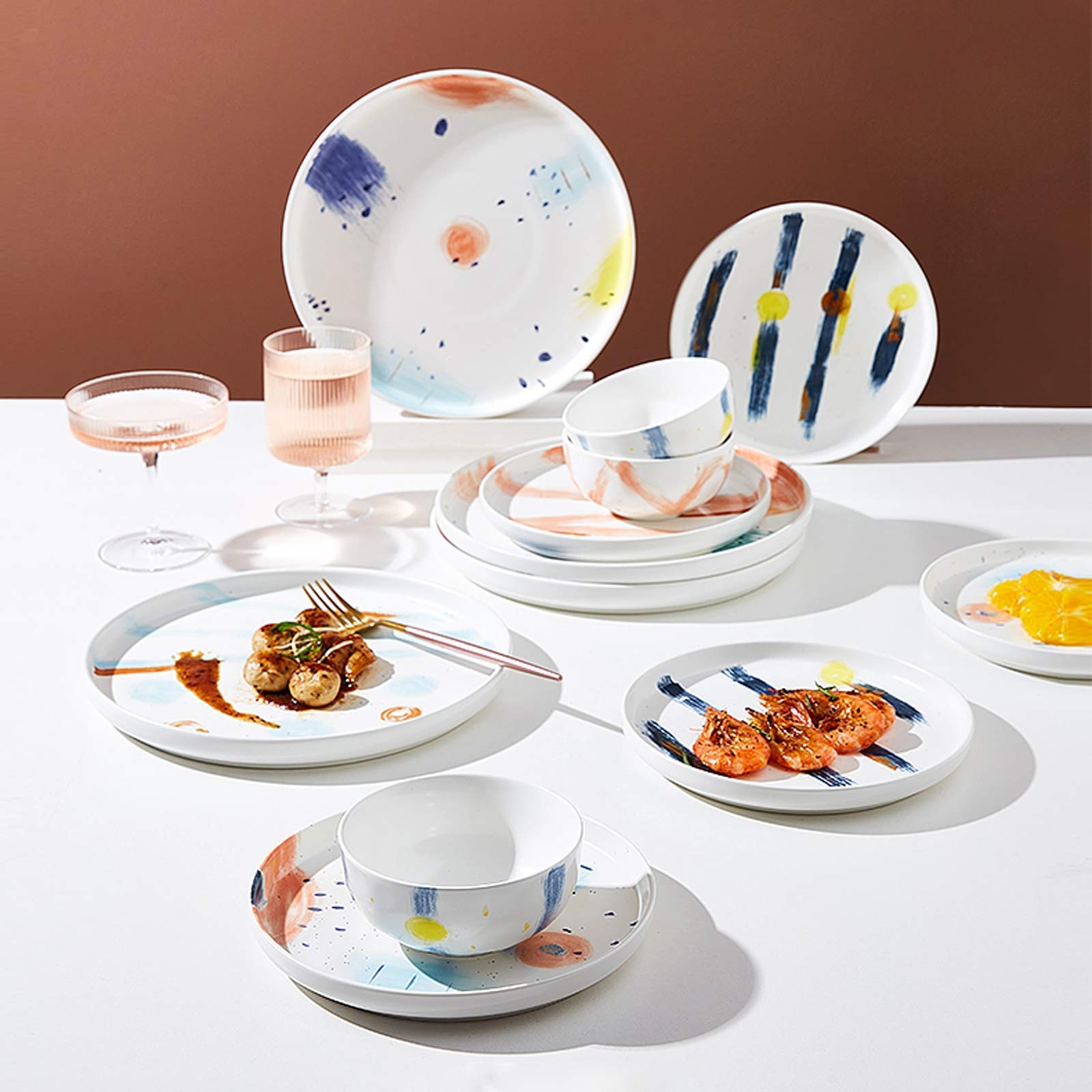Zastawa stołowa z chipami, Zestaw zastawy kuchennej, Zestawy obiadowe z ceramiki, 26-częściowy zestaw porcelanowej zastawy stołowej Starry Sky | Miska na płatki zbożowe i talerz na steki
