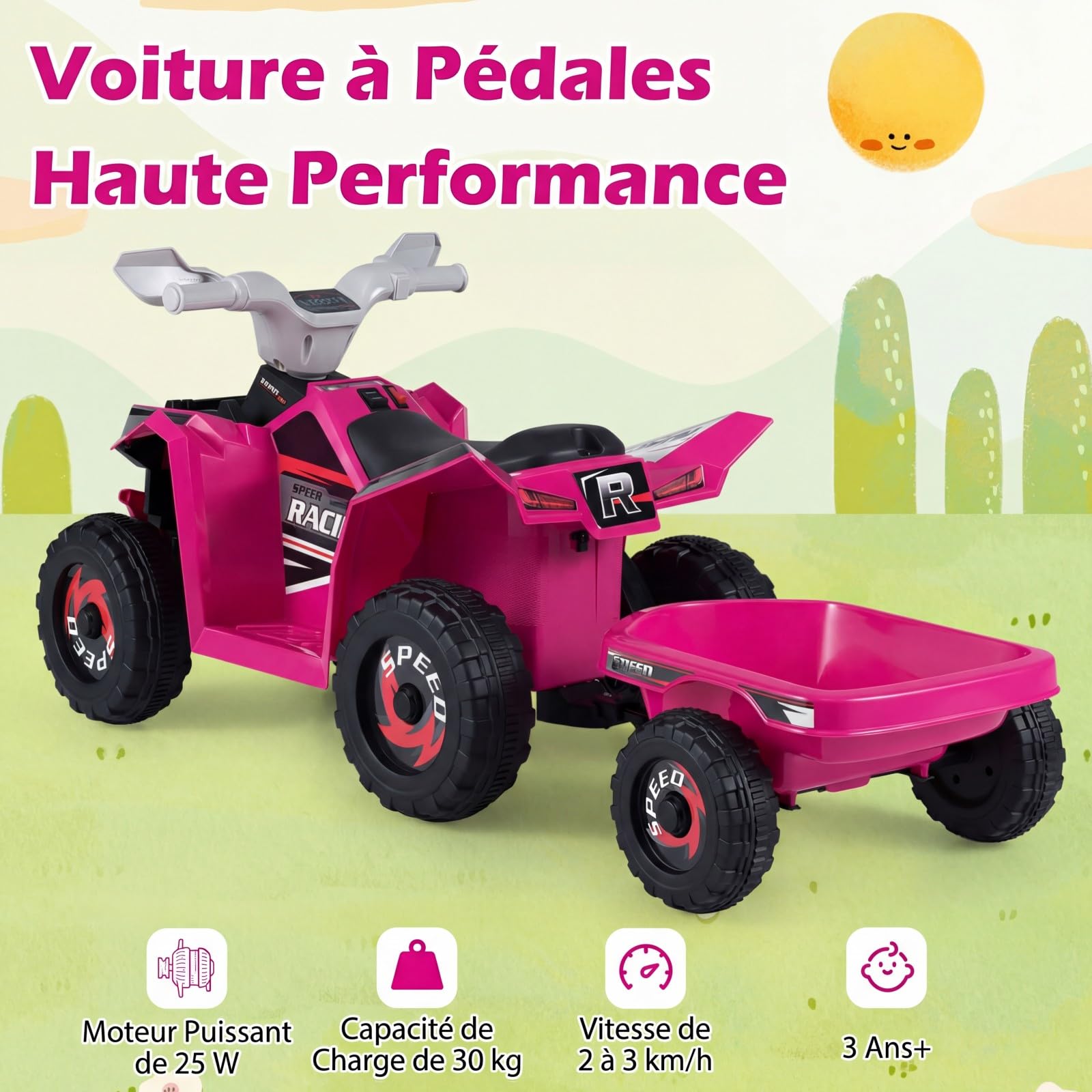 GOPLUS Quad ATV Electriques Enfants, Voiture Électrique Enfants 6V avec Remorque Arrière Amovible, Roues Résistantes à l'Usurel, pour Tout-Petits Garçons 3 Ans+, 2-3 km/h,Charge 30KG