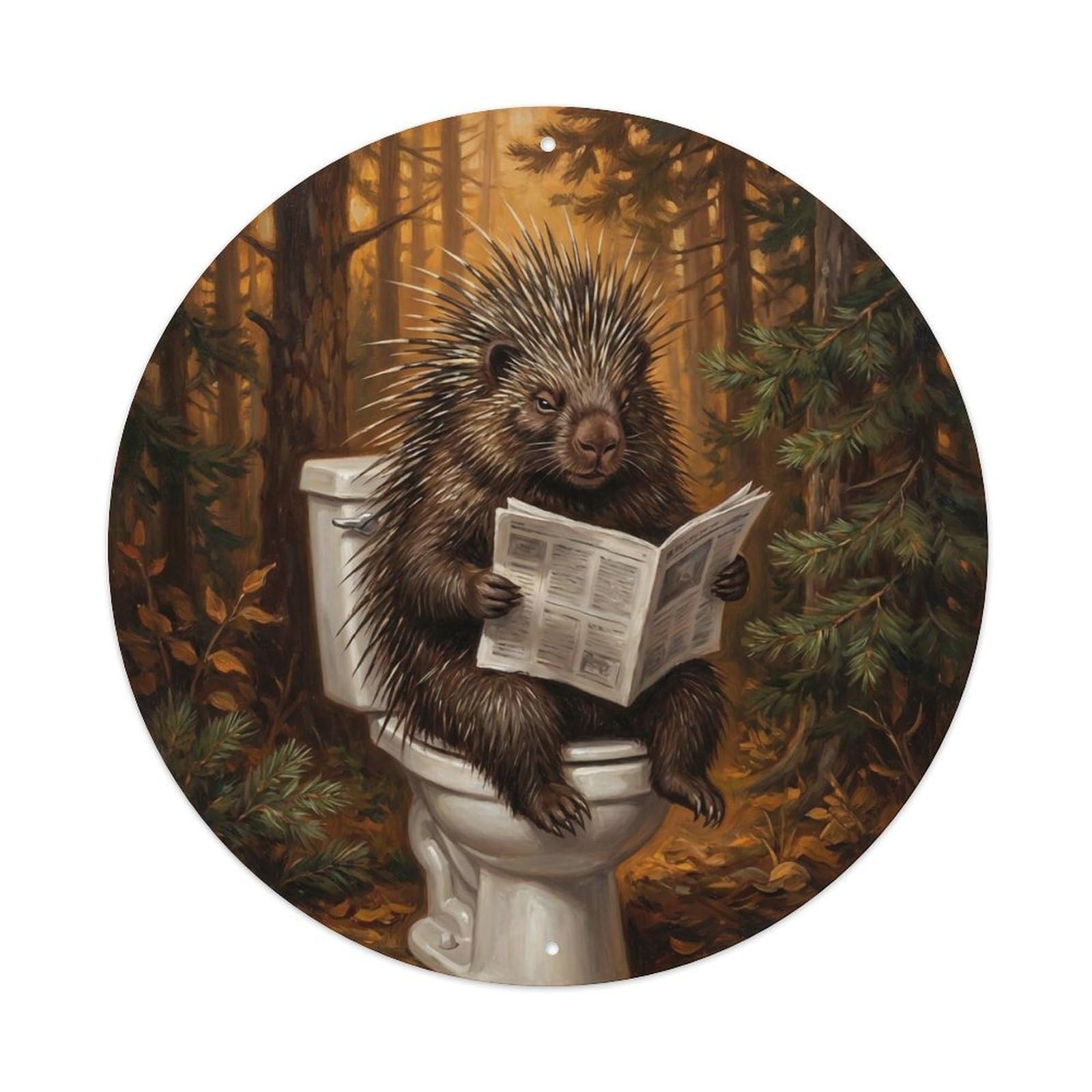 Porcupine On Toilet Humorous Bathroom Forest Dusk Reads Metal Tin Sign