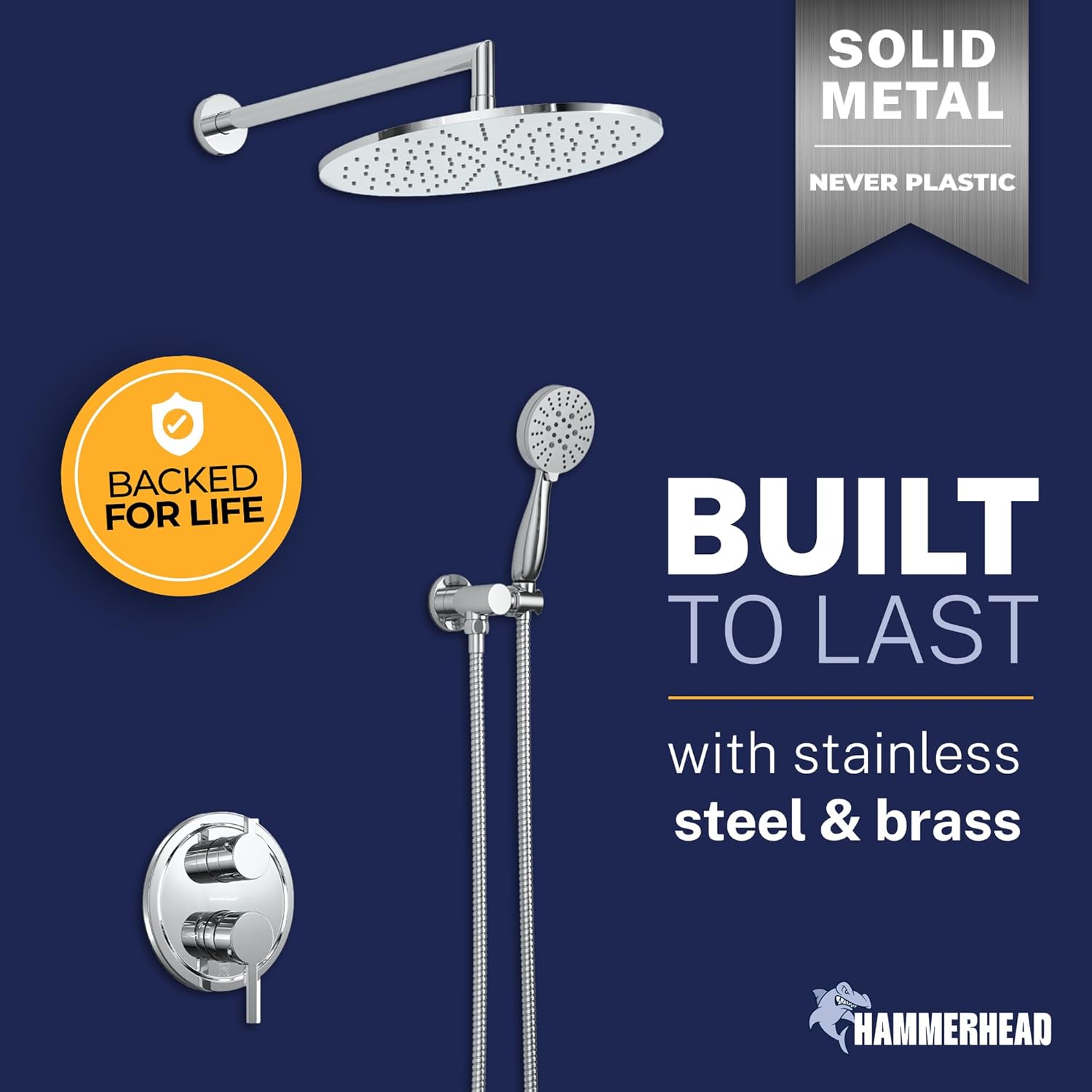HammerHead Solid Metal Rain Shower System Set with Handheld and 10" Rainfall Head, Shower Valve and Trim Kit, 2-Handle Shower Faucet Set with 2 Way Diverter Body – Chrome