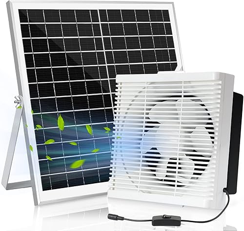 Extractor de energía solar, panel solar de 25 W + ventilador de ventilación de obturador de 10 pulgadas para invernadero exterior, gallinero