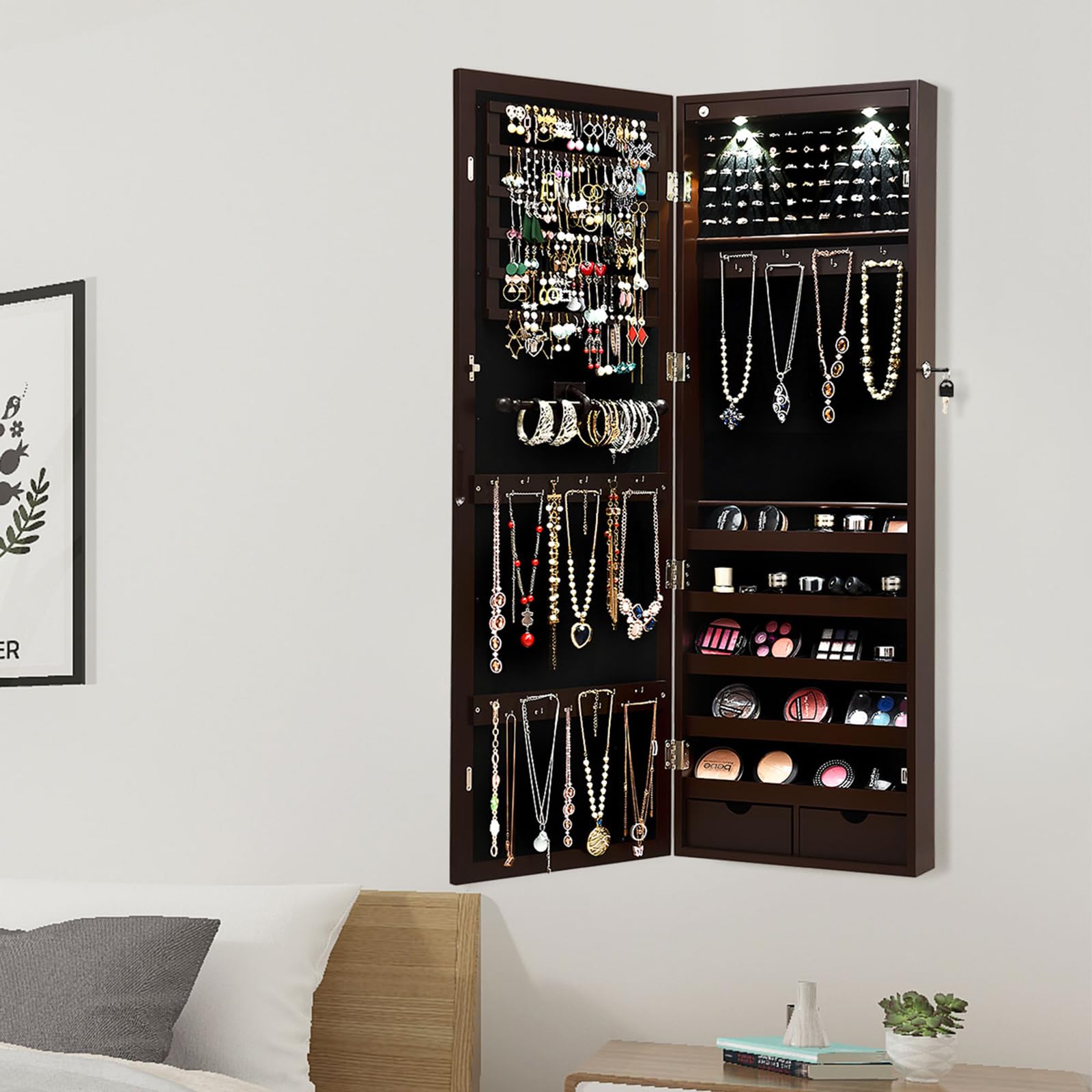 COSTWAY Armadio per Gioielli con 2 luci LED, con Specchio a Figura, Organizer Montato al Muro con Ganci Regolabili per Appendere, Armadio Portagioie per Truccarsi (Marrone)
