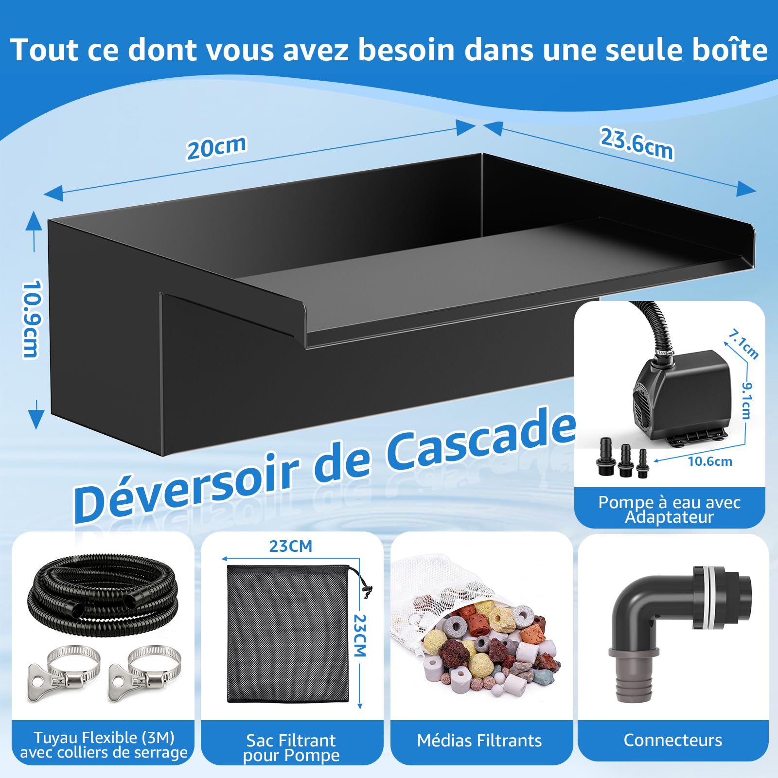 Kit Cascade Bassin 20 cm Acier Inoxydable 304 Pompe 2500 L/H Tuyau Antigel 3 m Câble 5 m