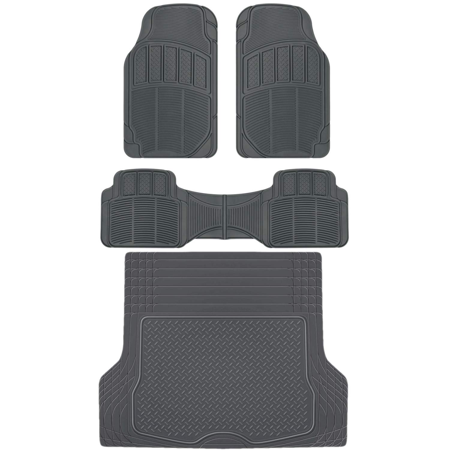 BDK MT-623 ProLiner Diamond Grid Rubber Car Floor Mats, Universal Front & Rear Combo Set with Trunk 