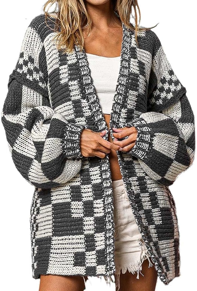 Mywinway Checkered Cardigan for Women Fall Winter Casual Trendy Oversized Open Front Plaid Knit Cardigan Sweater Jacket