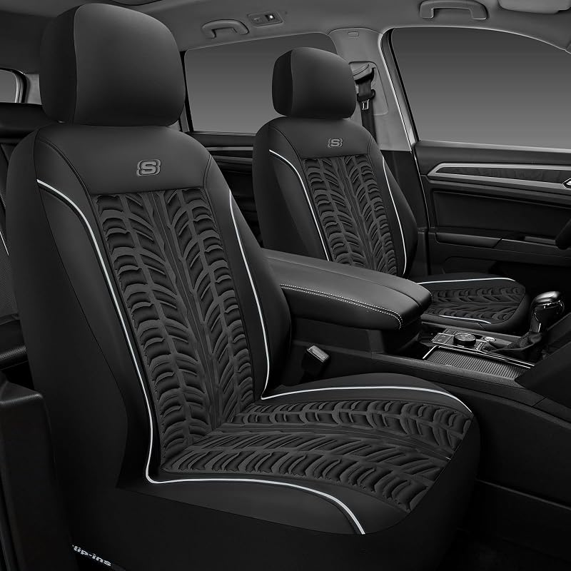 Capas para Bancos Dianteiros Skechers em Couro com Espuma Viscoelástica e Relevo 3D, Compatíveis com Airbags Laterais, Preto/Cinza, Conjunto com 2 peças