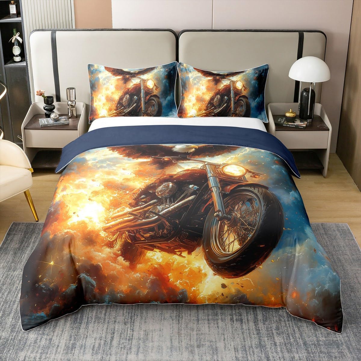 Motorcycle Kids Duvet Cover 100% Cotton Queen Size,Wild Eagle Jungle Animal Rustic Bedding Set for Boys Men,Motocross Motorbike Extreme Sports Yellow Comforter Cover,2 Pillowcases(No Comforter)