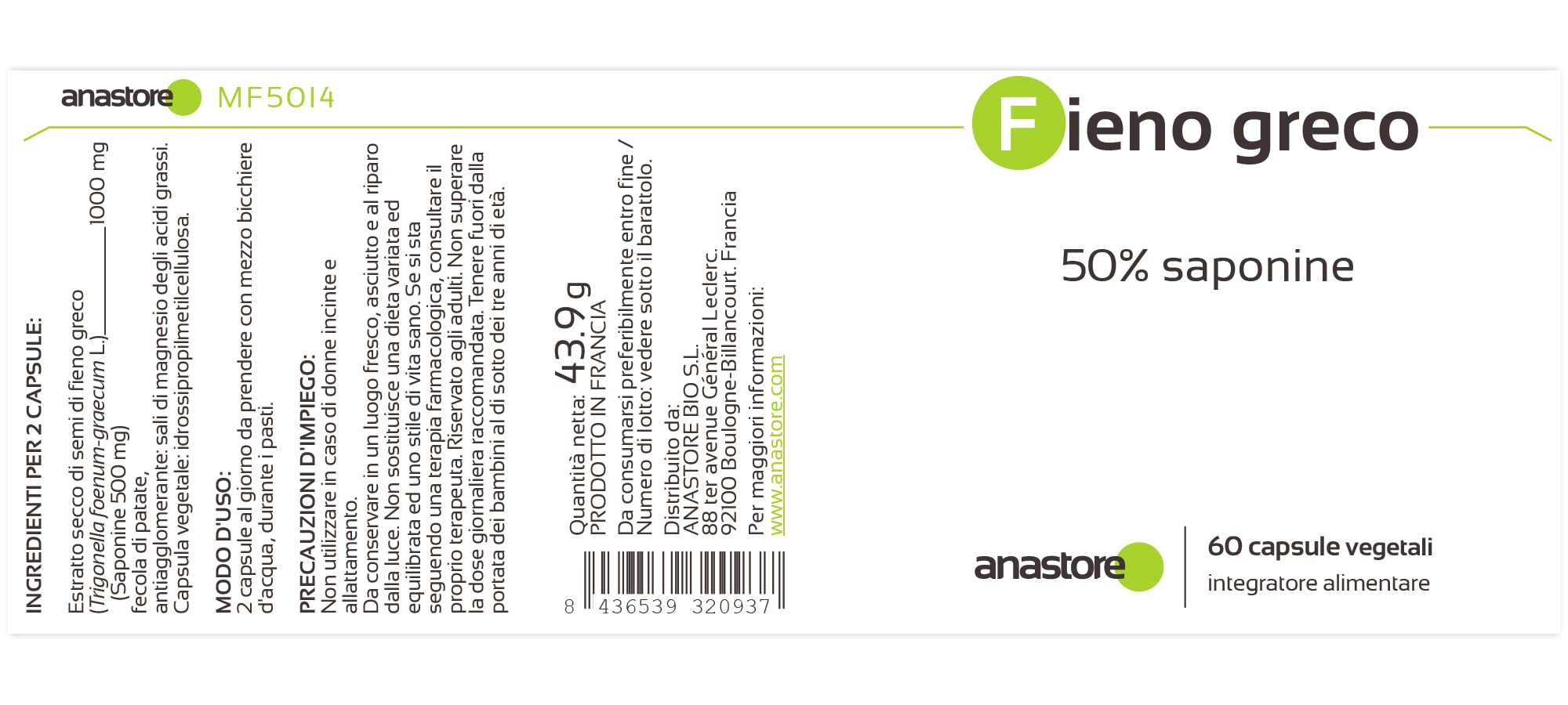 FIENO GRECO * 500 mg / 60 capsule * Titolato al 50% in saponine * Antinfiammatorio, Carenze, Peso, Rendimento Sportivo